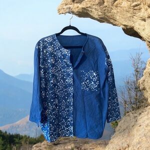 Blue and White Button-up Top with Floral Design